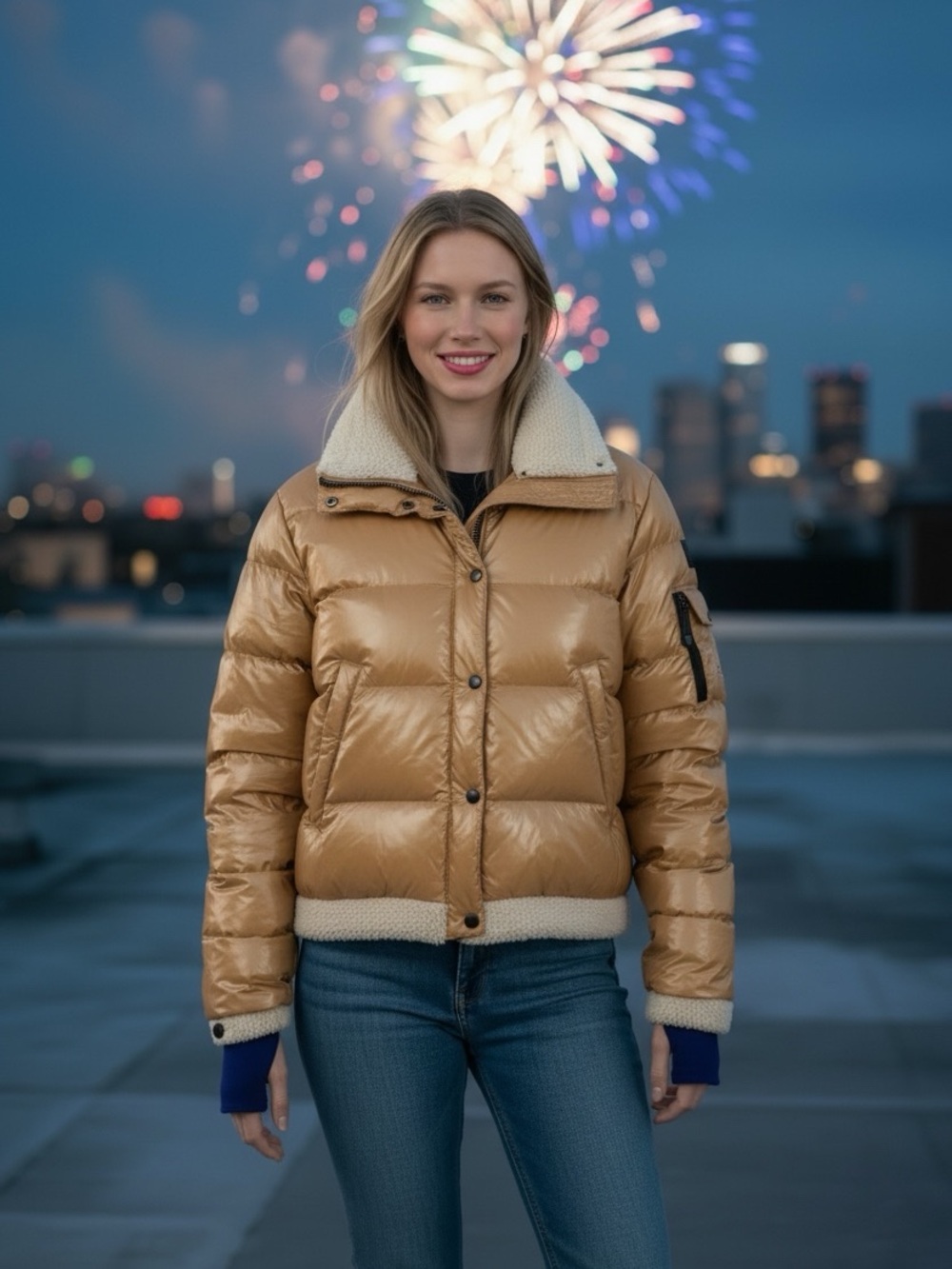 SAM. Glossy Tan Cropped Sherpa-Trim Puffer Jacket
